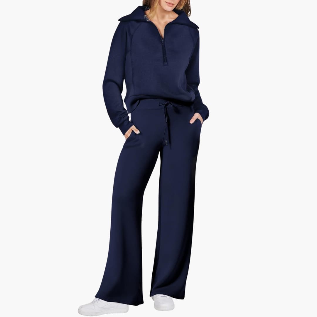 Daphne | Women's Half Zip Wide Leg Lounge Set - Navy - Image 24