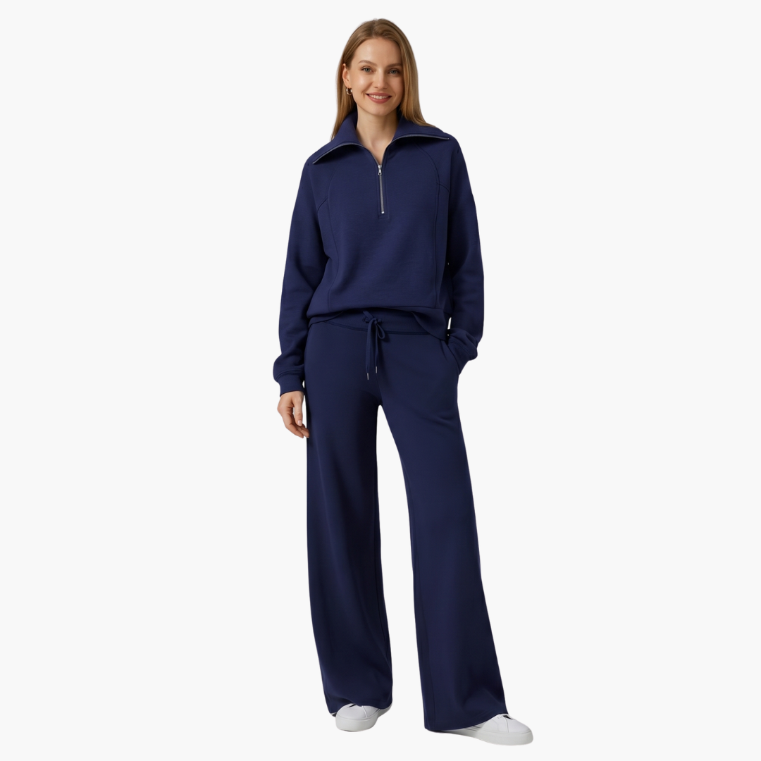 Daphne | Women's Half Zip Wide Leg Lounge Set - Navy - Image 25
