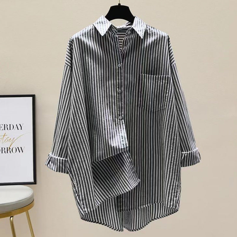 Daphne | Women's Striped Oversized Long Sleeve Shirt - Striped - Image 10