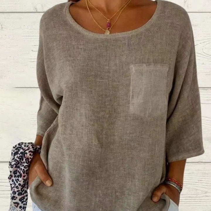 Darianne | Women's Round Neck 3/4 Sleeve Loose Fit Top - Khaki - Image 1