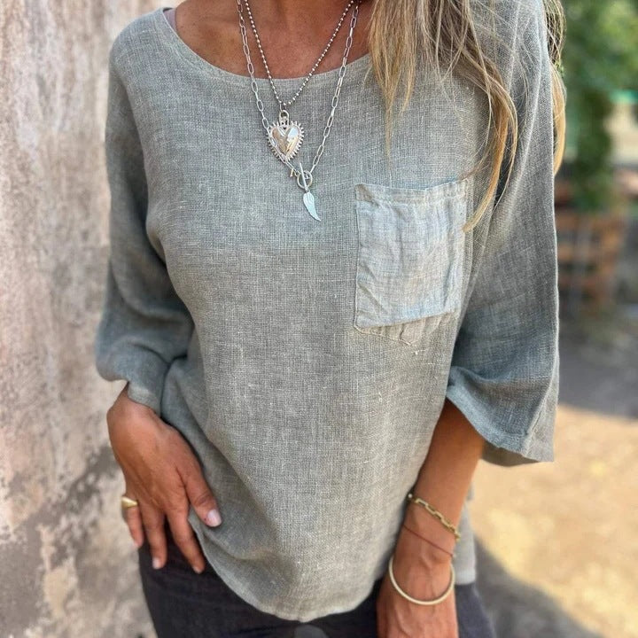 Darianne | Women's Round Neck 3/4 Sleeve Loose Fit Top - Khaki - Image 2