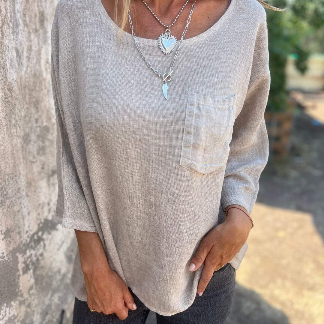Darianne | Women's Round Neck 3/4 Sleeve Loose Fit Top - Khaki - Image 3