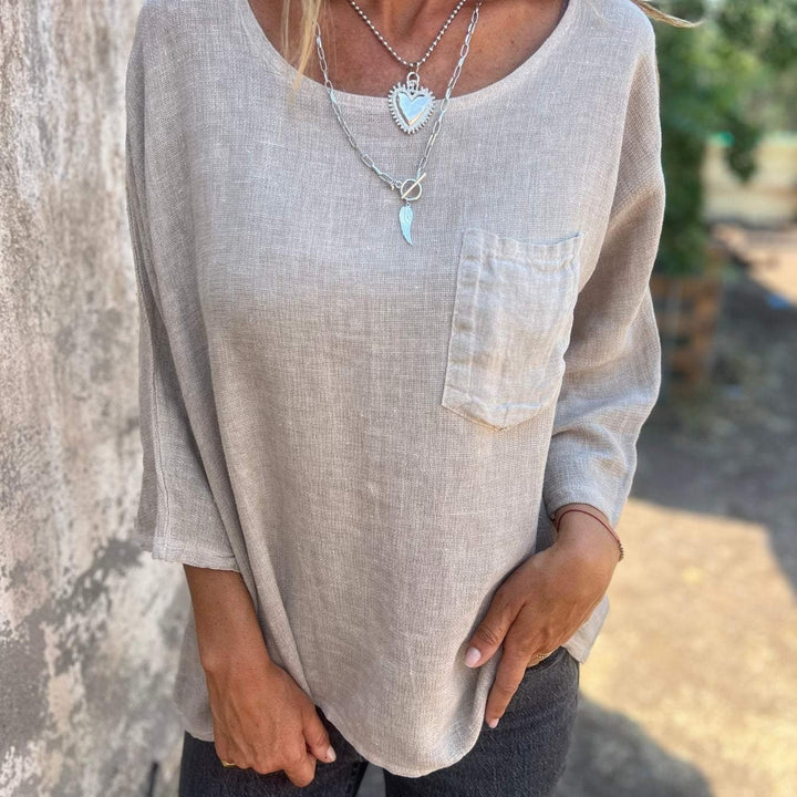 Darianne | Women's Round Neck 3/4 Sleeve Loose Fit Top - Khaki - Image 3