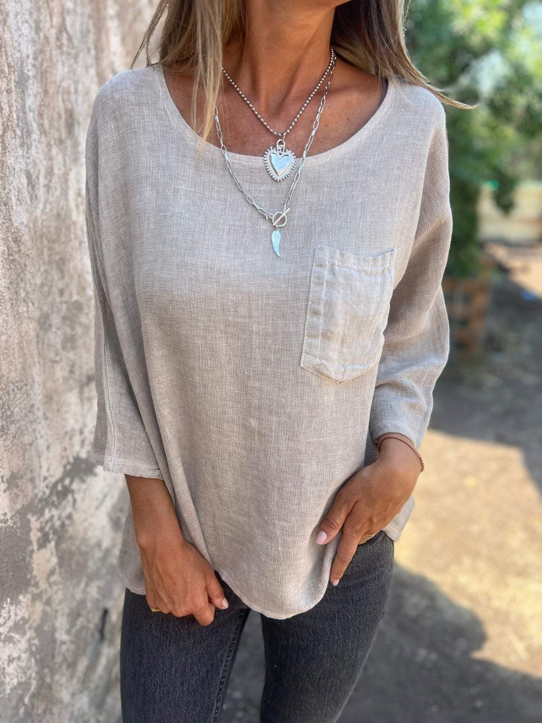 Darianne | Women's Round Neck 3/4 Sleeve Loose Fit Top - Khaki - Image 7