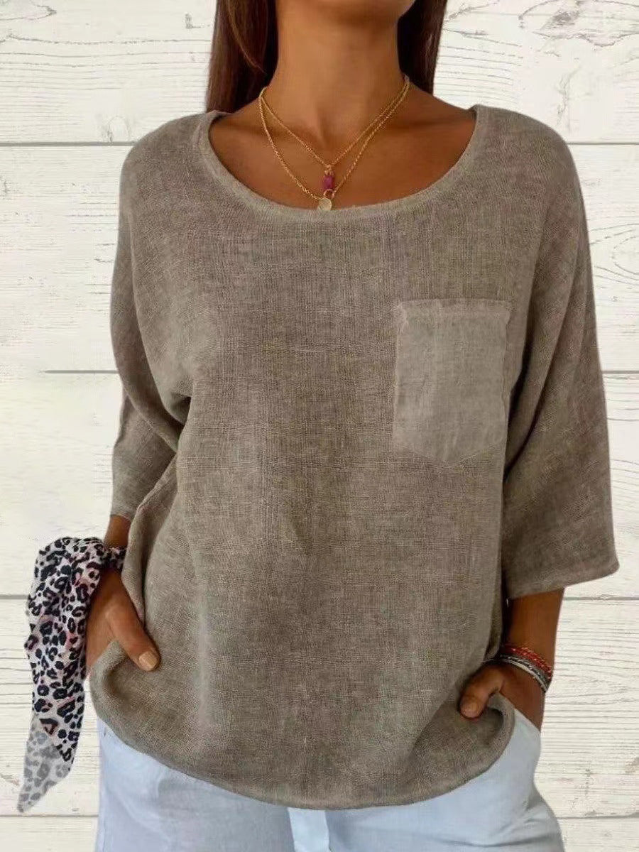 Darianne | Women's Round Neck 3/4 Sleeve Loose Fit Top - Khaki - Image 8