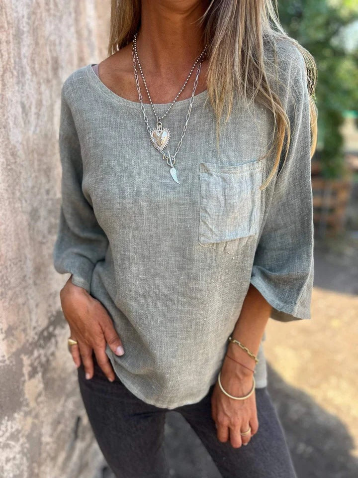 Darianne | Women's Round Neck 3/4 Sleeve Loose Fit Top - Khaki - Image 9