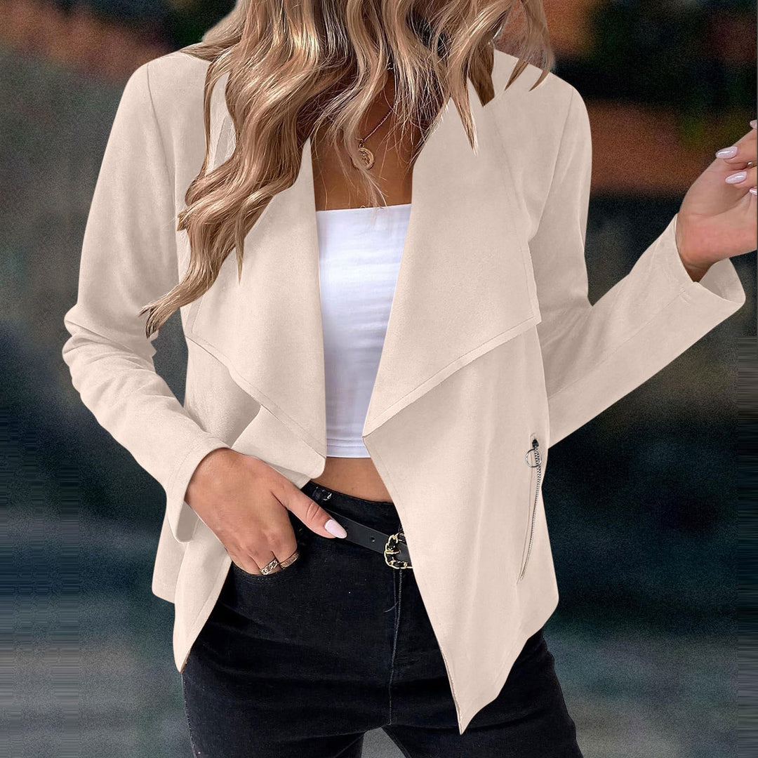 Darienne | Women's Waterfall Collar Open Front Cropped Jacket - Beige - Image 2