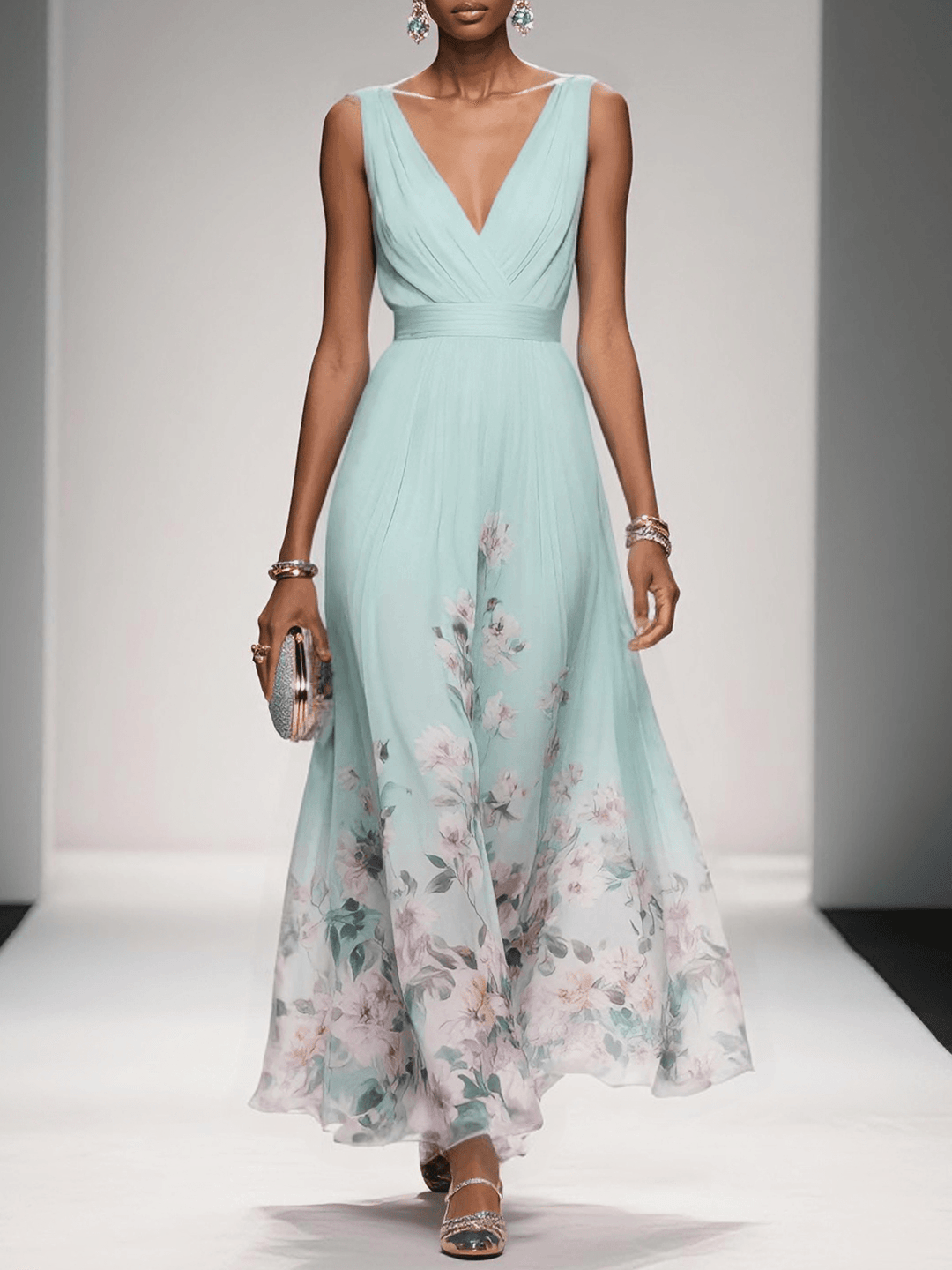 Nevaeh™ | Light Blue Floral Chiffon Maxi Dress