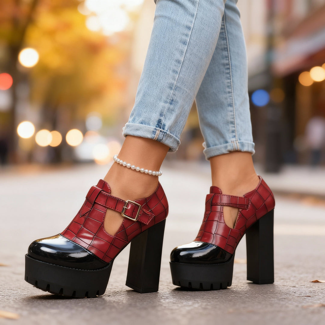 Delancey | Women's Platform Block Heel Mary Jane Pumps - Burgundy - Image 6