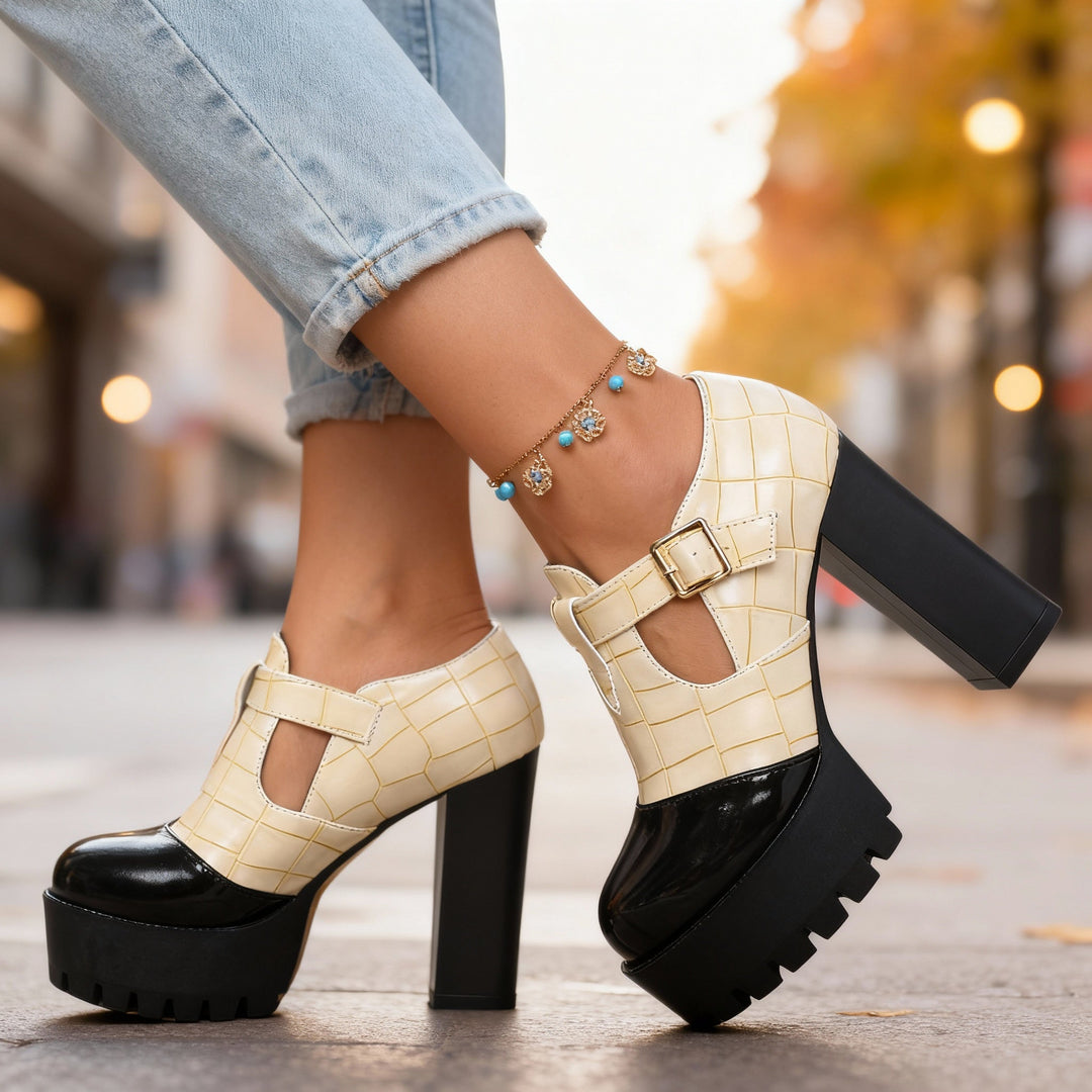 Delancey | Women's Platform Block Heel Mary Jane Pumps - Burgundy - Image 7