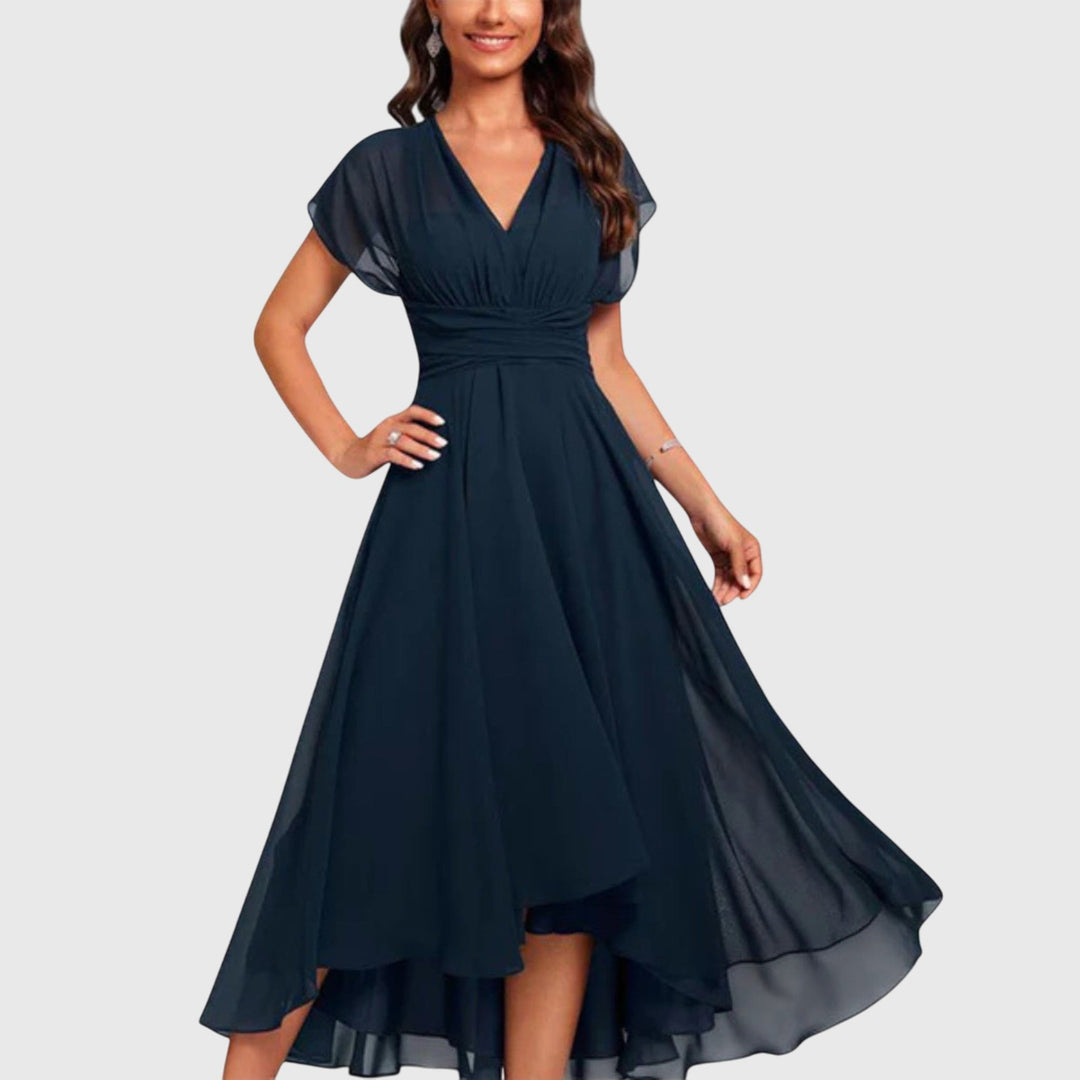 Delia | Women's V-Neck Wrap Midi Dress - Navy - Image 1