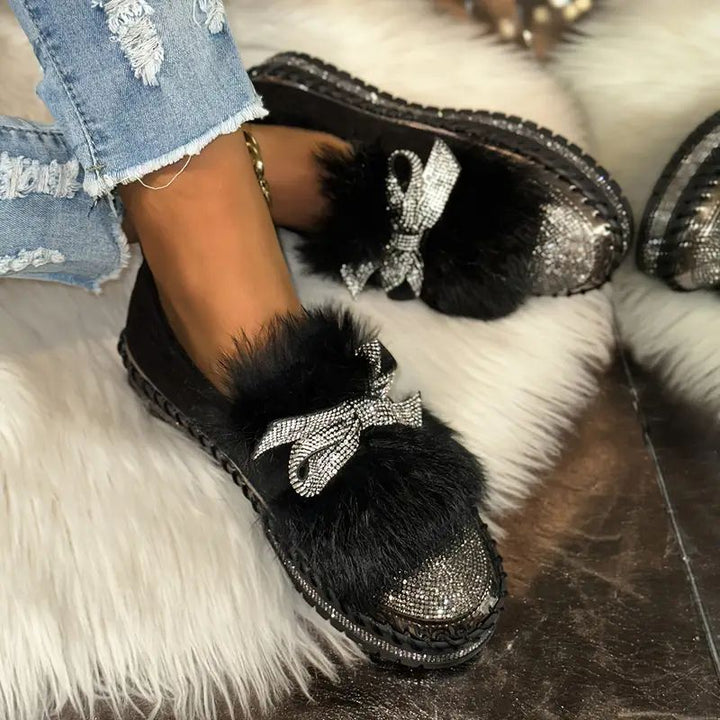 Delilah | Women's Crystal Bow Slip-On Loafers - Black - Image 1