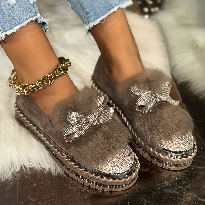 Delilah | Women's Crystal Bow Slip-On Loafers - Black - Image 3