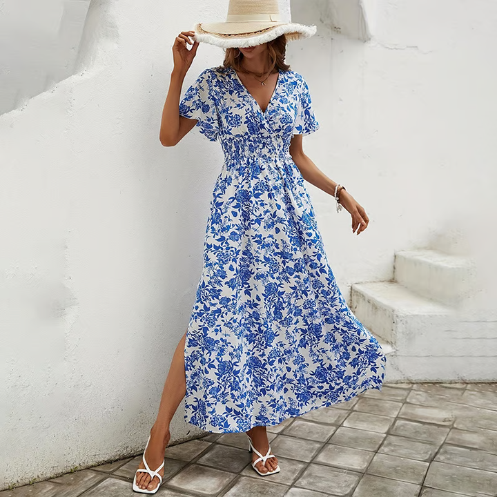 Delilah | Women's Floral V Neck Short Sleeve Maxi Dress - Blue - Image 1