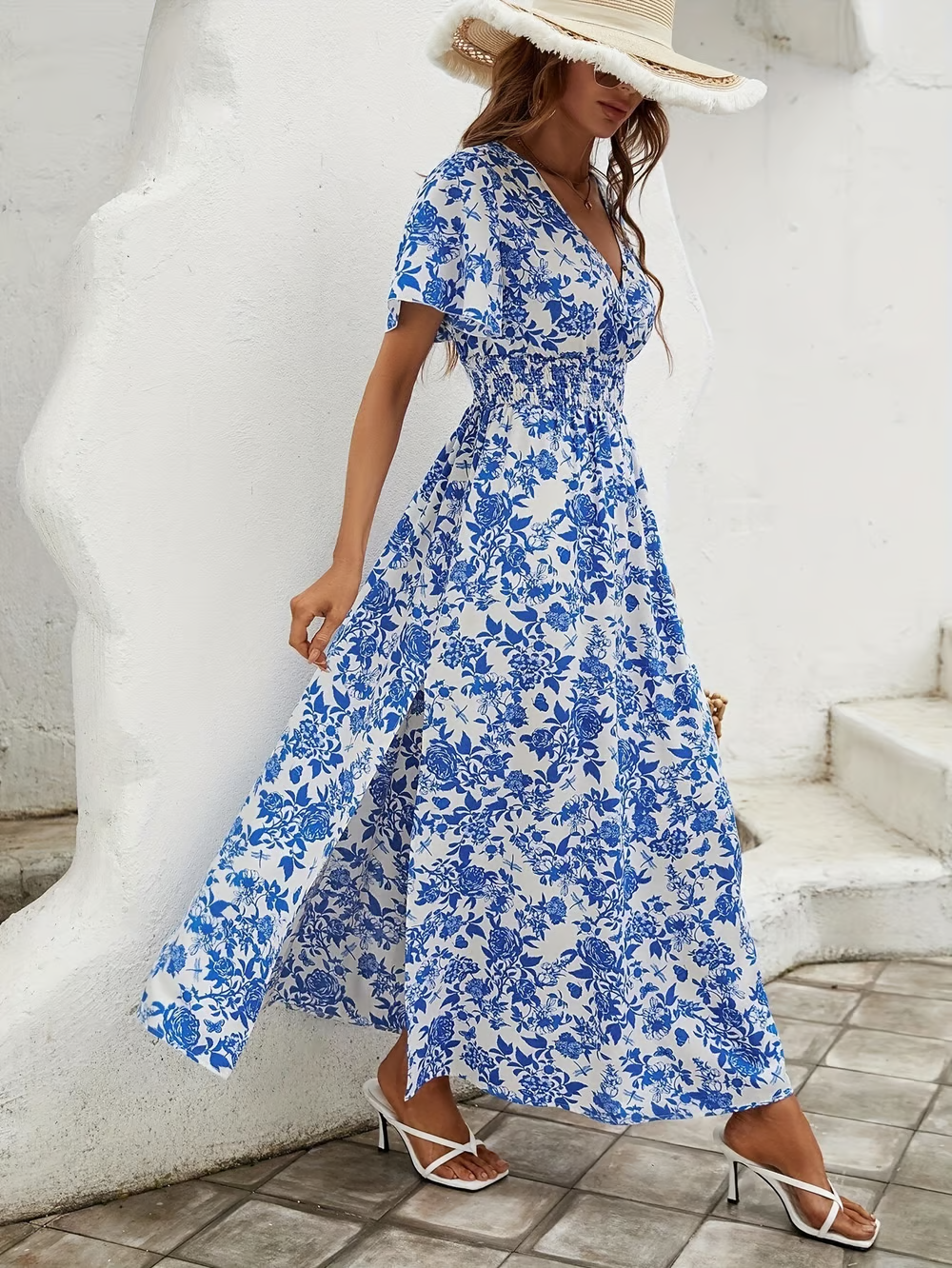 Delilah | Women's Floral V Neck Short Sleeve Maxi Dress - Blue - Image 5