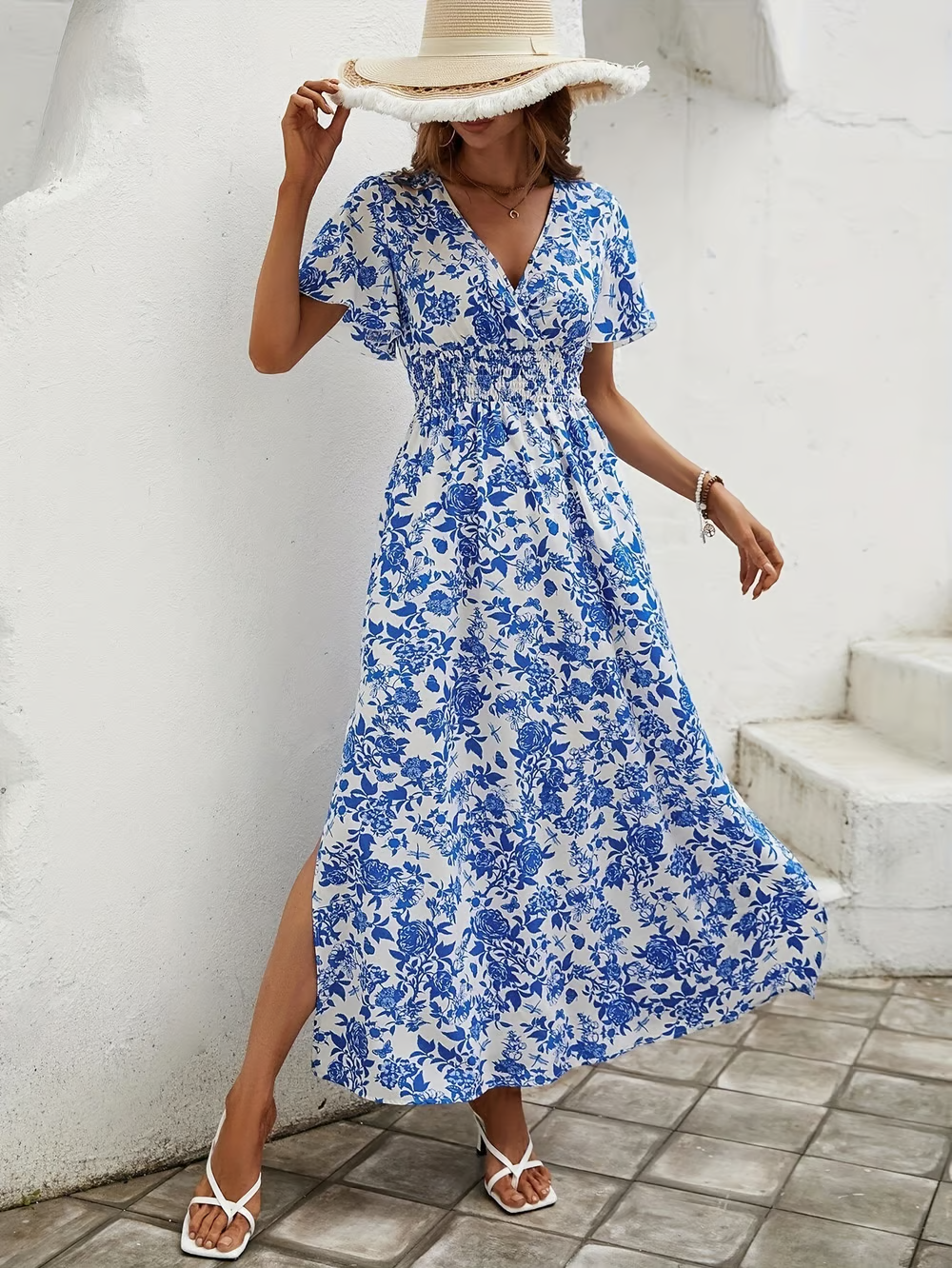 Delilah | Women's Floral V Neck Short Sleeve Maxi Dress - Blue - Image 6