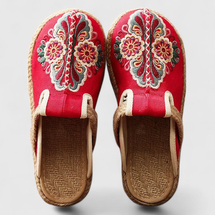 Delphina | Women's Floral Embroidered Mules - Red - Image 1