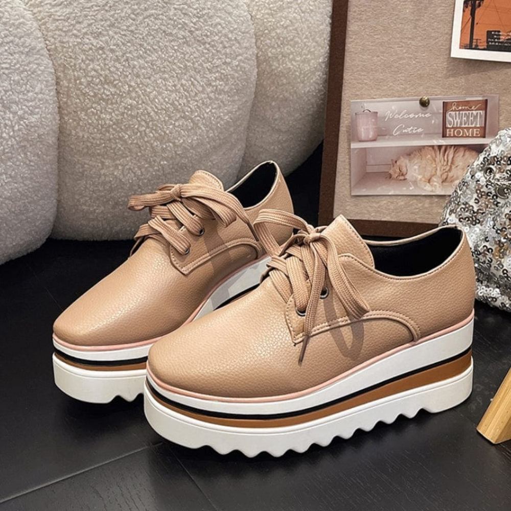 Delphine | Women's Platform Lace Up Sneakers - Beige - Image 2