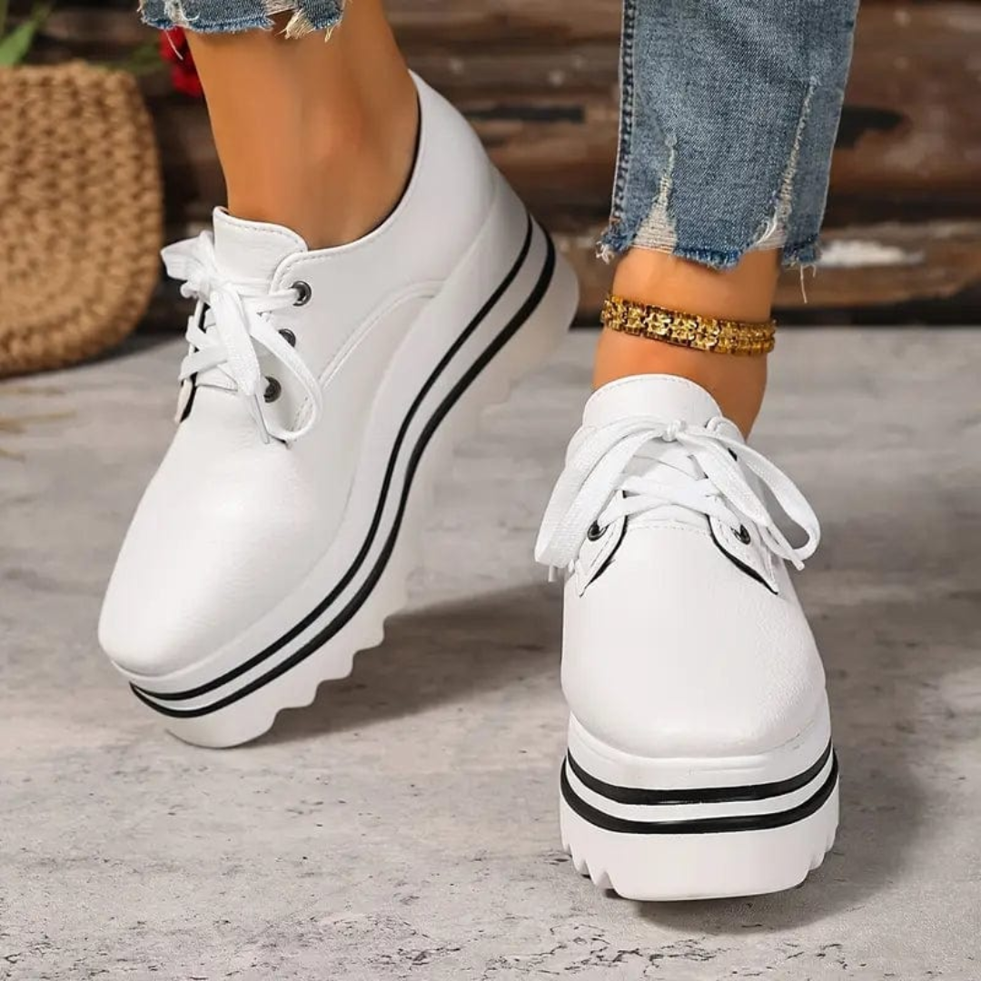 Delphine | Women's Platform Lace Up Sneakers - Beige - Image 3