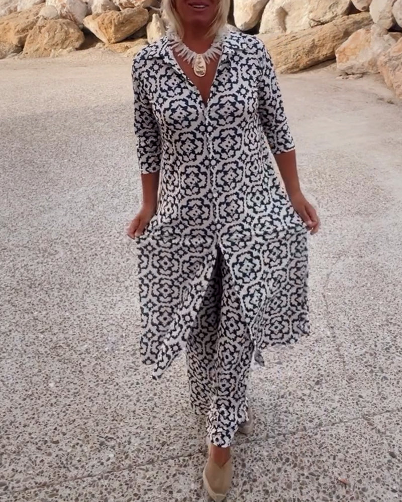 Delphine | Women's Printed V-Neck Tunic Wide Leg Pants Set - Black - Image 1