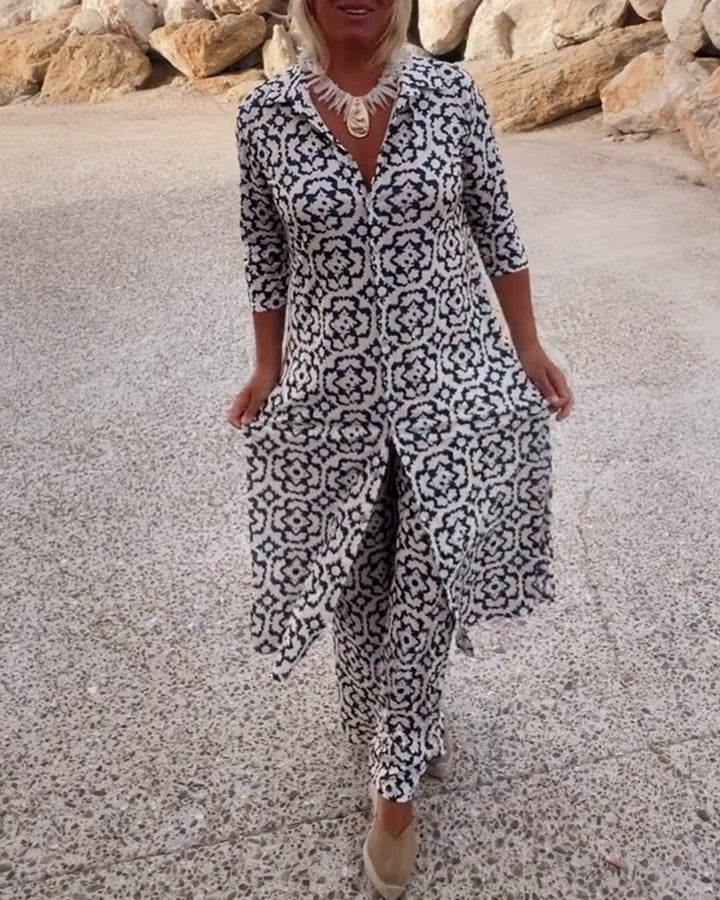 Delphine | Women's Printed V-Neck Tunic Wide Leg Pants Set - Black - Image 1