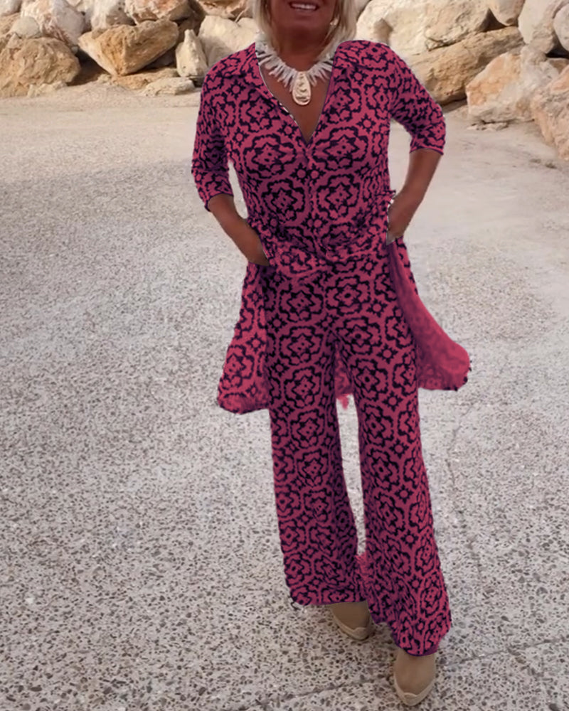 Delphine | Women's Printed V-Neck Tunic Wide Leg Pants Set - Black - Image 11