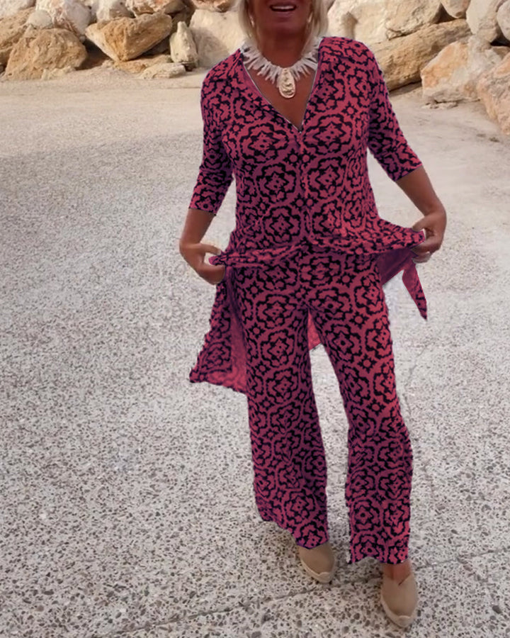 Delphine | Women's Printed V-Neck Tunic Wide Leg Pants Set - Black - Image 12