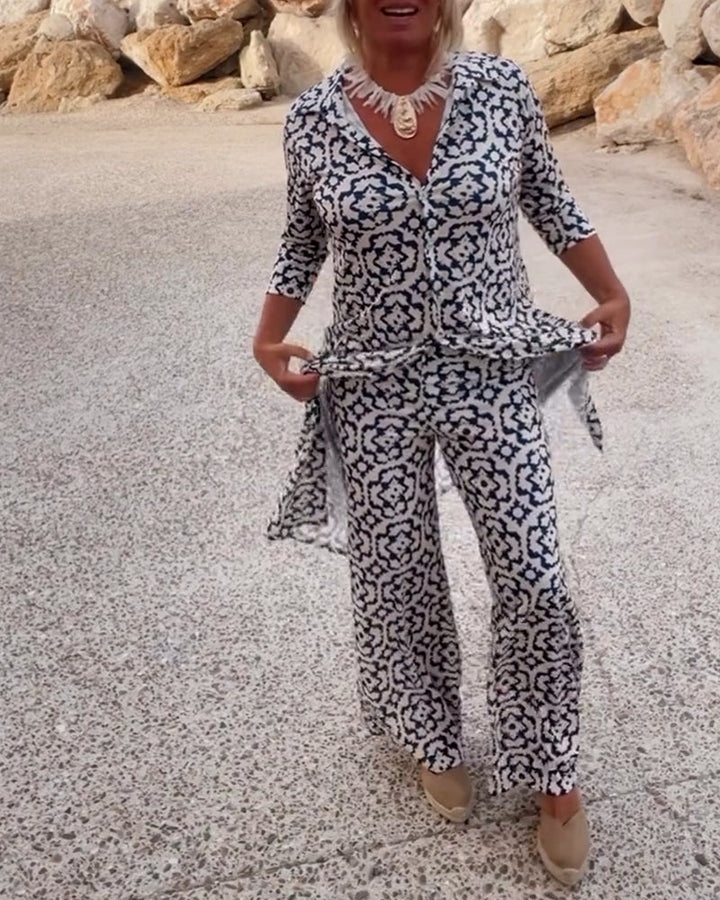 Delphine | Women's Printed V-Neck Tunic Wide Leg Pants Set - Black - Image 4