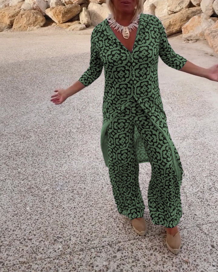 Delphine | Women's Printed V-Neck Tunic Wide Leg Pants Set - Black - Image 5