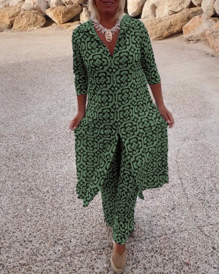 Delphine | Women's Printed V-Neck Tunic Wide Leg Pants Set - Black - Image 6