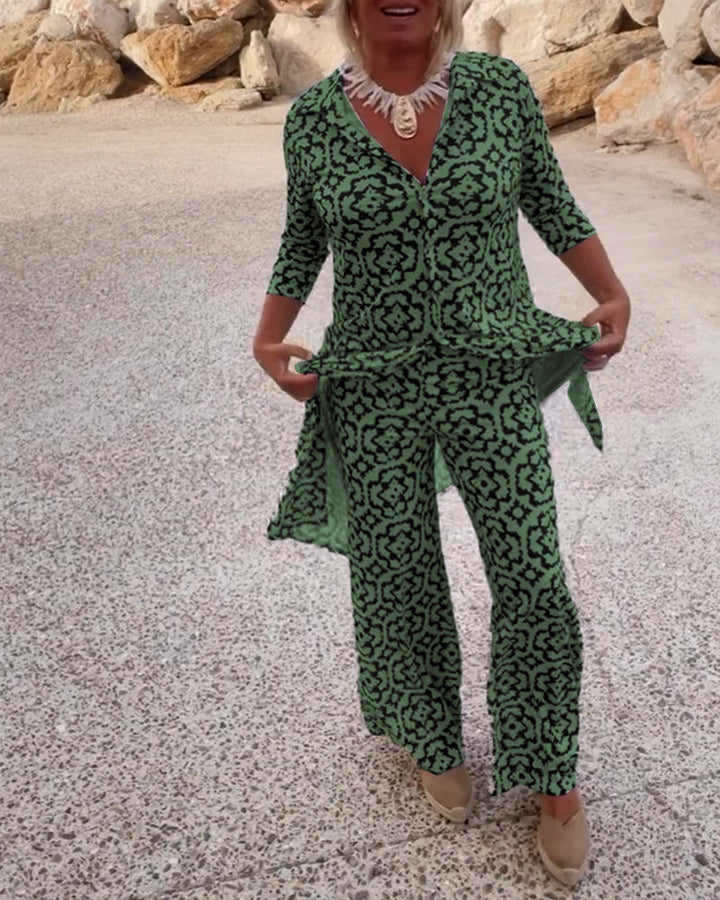 Delphine | Women's Printed V-Neck Tunic Wide Leg Pants Set - Black - Image 8