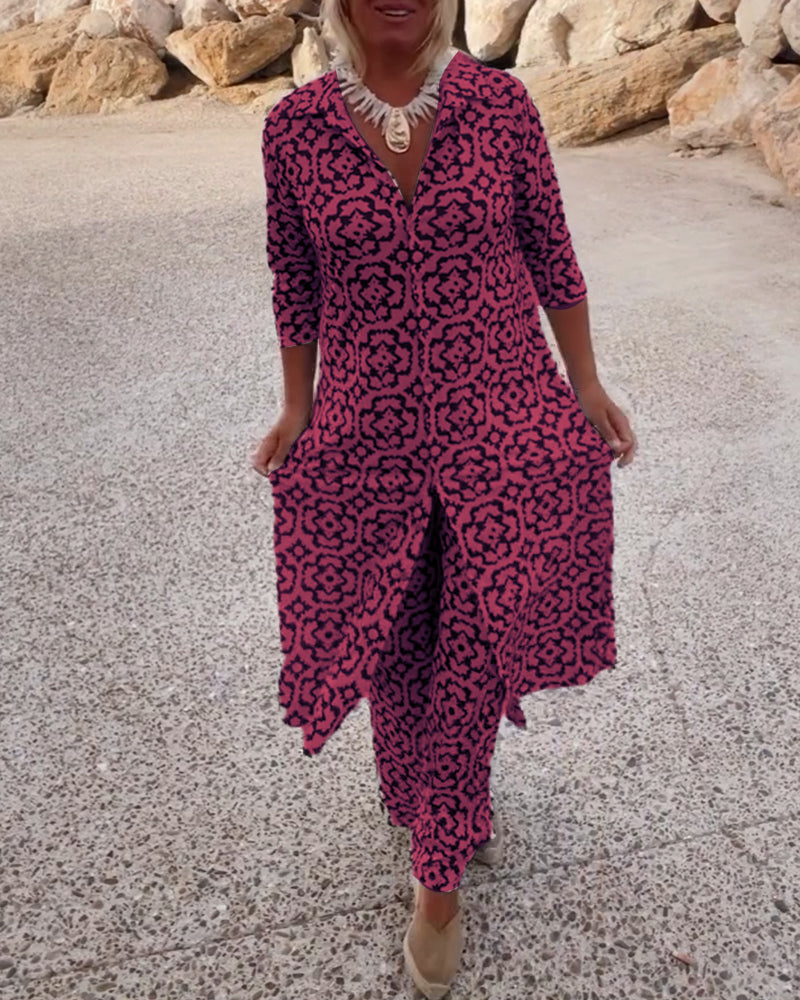 Delphine | Women's Printed V-Neck Tunic Wide Leg Pants Set - Black - Image 9