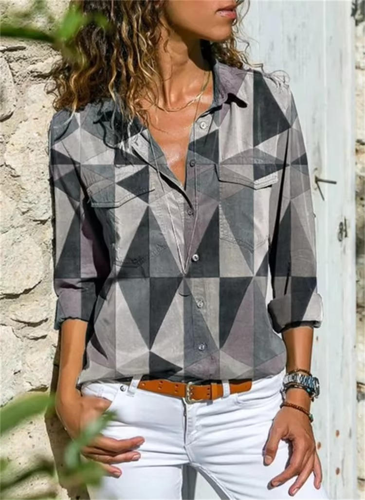 Petra | Women's Geometric Print Long Sleeve Button Down Shirt