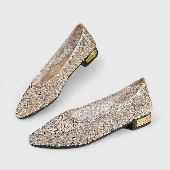 Stella | Women's Lace Pointed Toe Flats with Low Block Heel