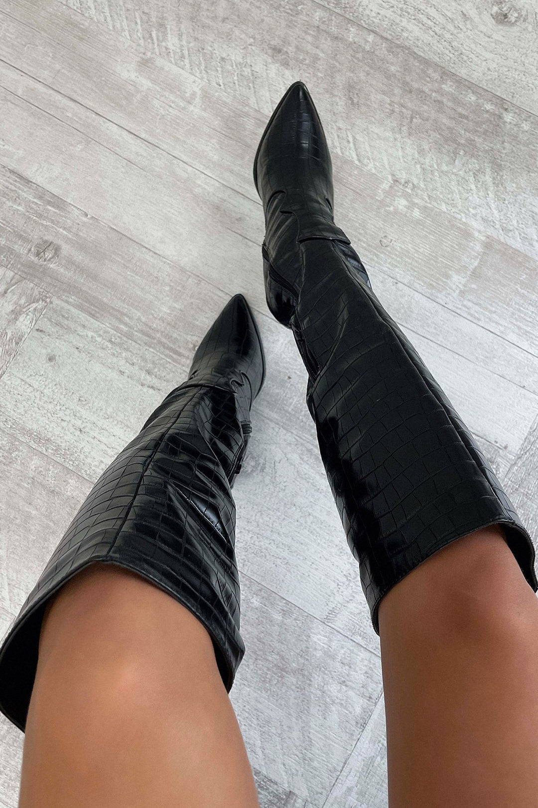 Mila™ | Black Croc Knee-High Boots