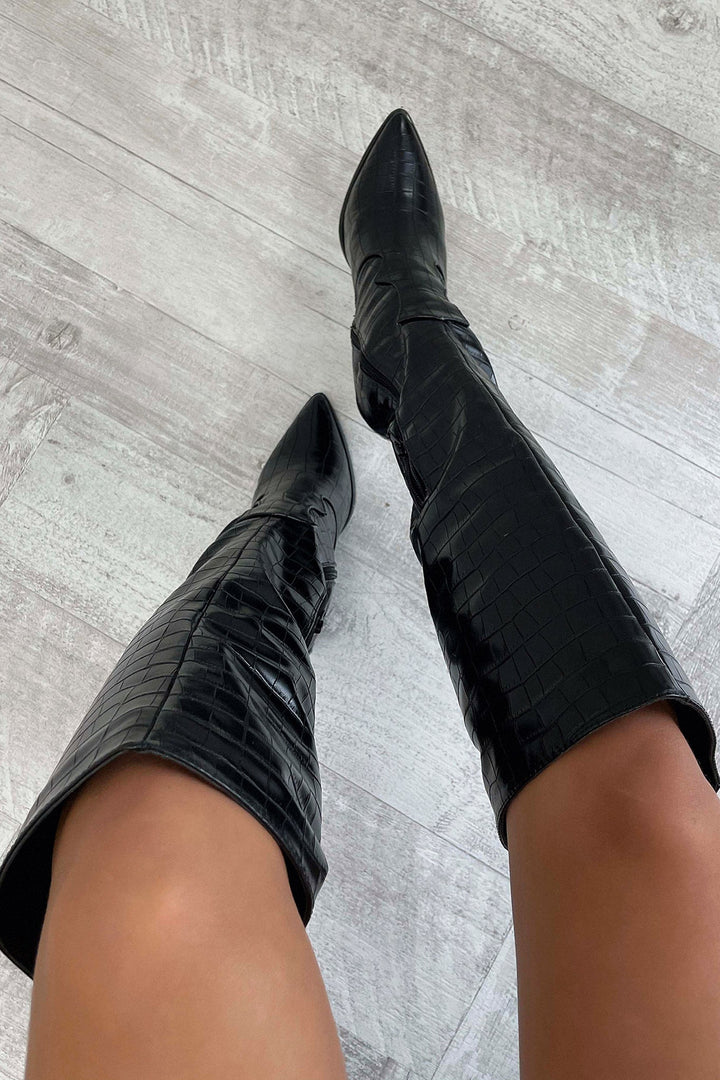 Mila™ | Black Croc Knee-High Boots