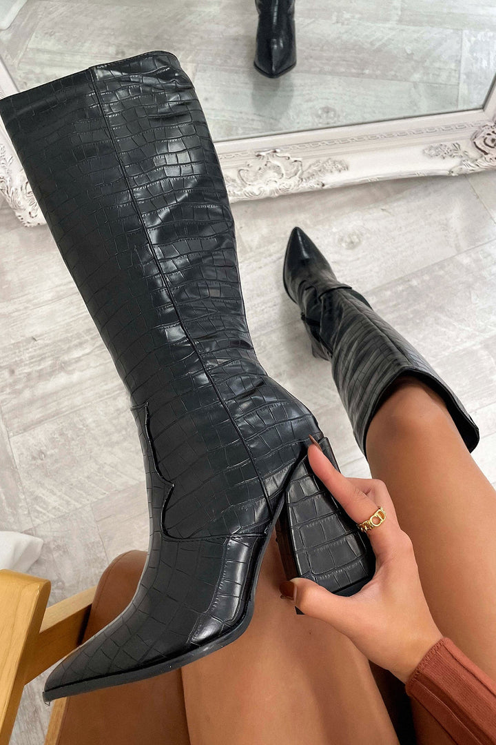 Mila™ | Black Croc Knee-High Boots
