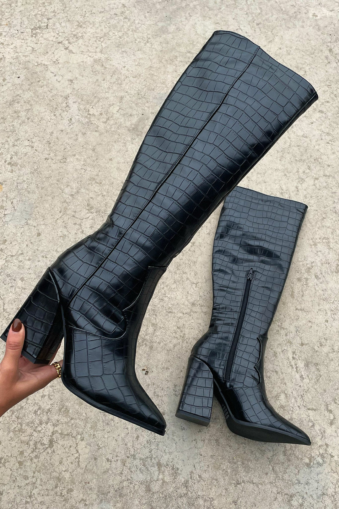 Mila™ | Black Croc Knee-High Boots