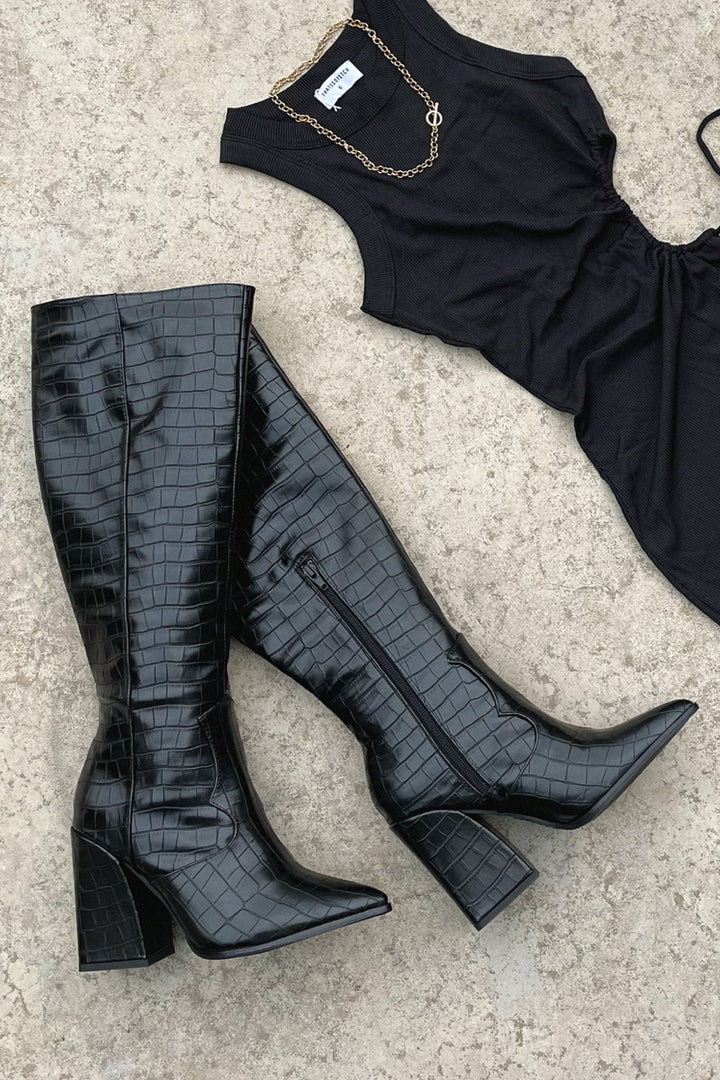 Mila™ | Black Croc Knee-High Boots