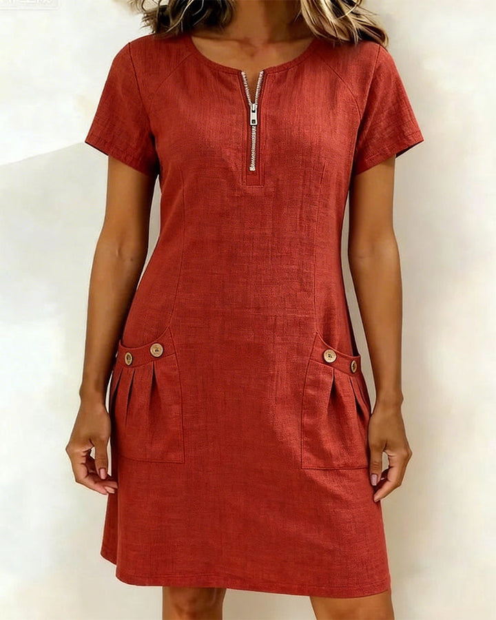 Remi | Women's Shift Dress Short Sleeve Zip Neck with Pockets