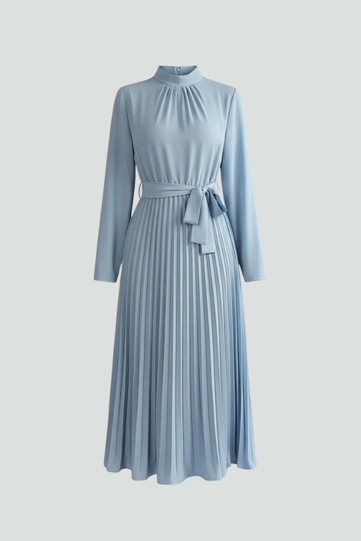 Elowen | Women's Mock Neck Long Sleeve Pleated Midi Dress - Light Blue - Image 1