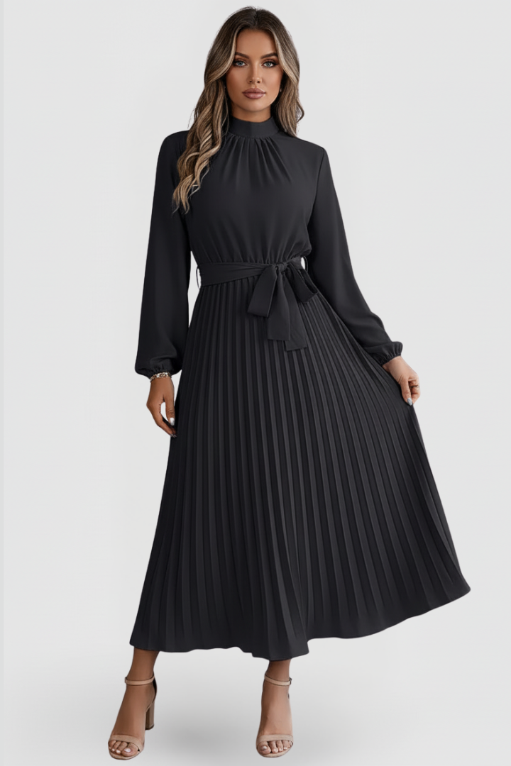 Elowen | Women's Mock Neck Long Sleeve Pleated Midi Dress - Light Blue - Image 10