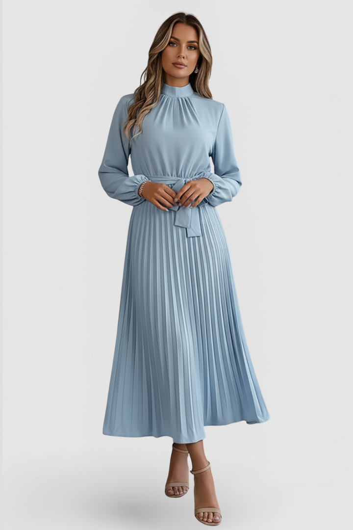 Elowen | Women's Mock Neck Long Sleeve Pleated Midi Dress - Light Blue - Image 2