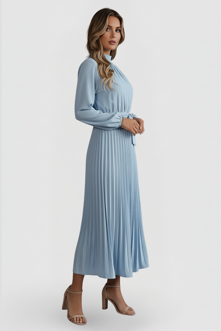 Elowen | Women's Mock Neck Long Sleeve Pleated Midi Dress - Light Blue - Image 3