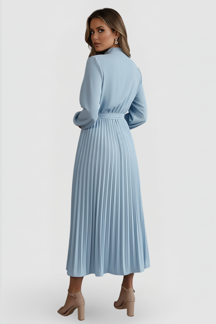 Elowen | Women's Mock Neck Long Sleeve Pleated Midi Dress - Light Blue - Image 4