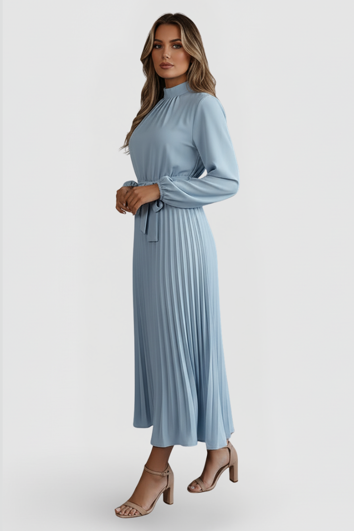 Elowen | Women's Mock Neck Long Sleeve Pleated Midi Dress - Light Blue - Image 5