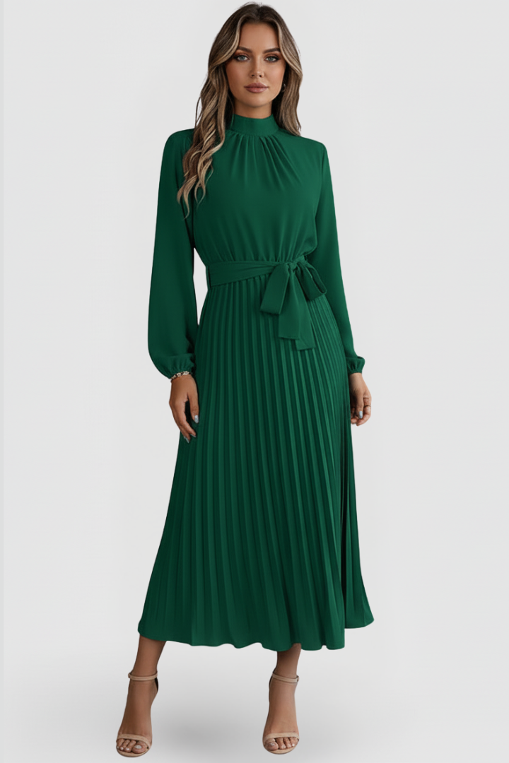 Elowen | Women's Mock Neck Long Sleeve Pleated Midi Dress - Light Blue - Image 6