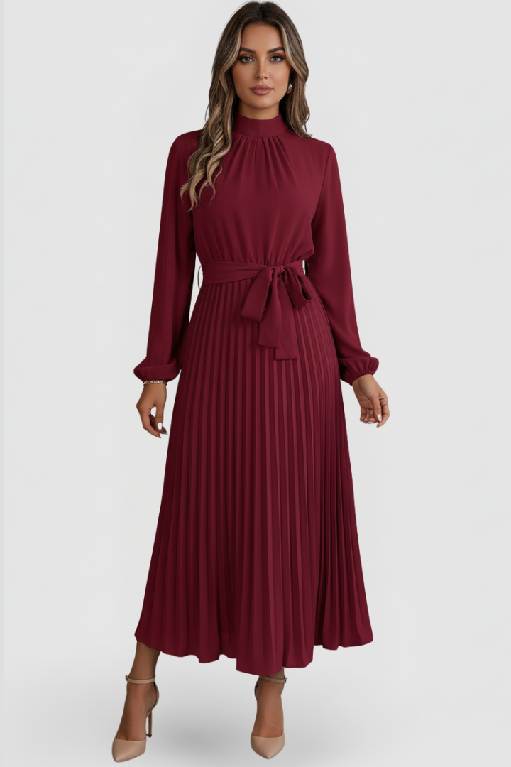 Elowen | Women's Mock Neck Long Sleeve Pleated Midi Dress - Light Blue - Image 7