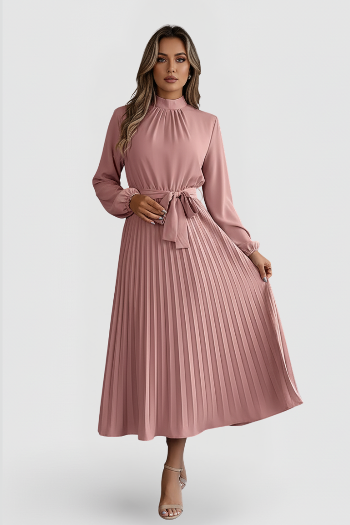 Elowen | Women's Mock Neck Long Sleeve Pleated Midi Dress - Light Blue - Image 8