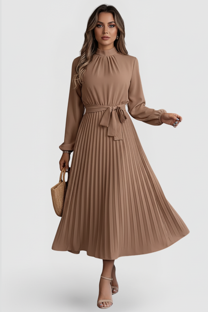 Elowen | Women's Mock Neck Long Sleeve Pleated Midi Dress - Light Blue - Image 9